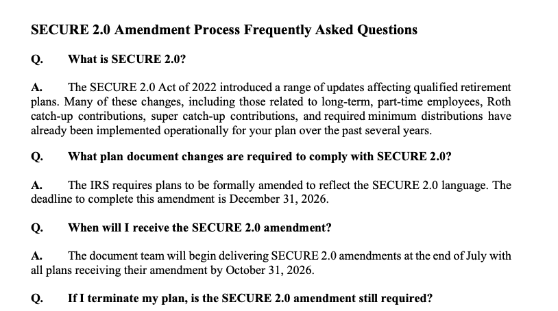 SECURE 2.0 Amendment FAQs